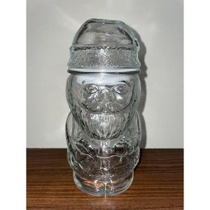 Vintage Clear Glass Santa Claus Candy Apothecary Jar w/ Lid Christmas 8"